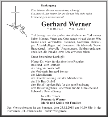 Traueranzeige von Gerhard Werner von Thüringer Allgemeine