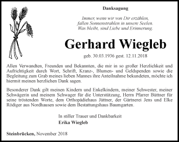 Traueranzeige von Gerhard Wiegleb von Thüringer Allgemeine