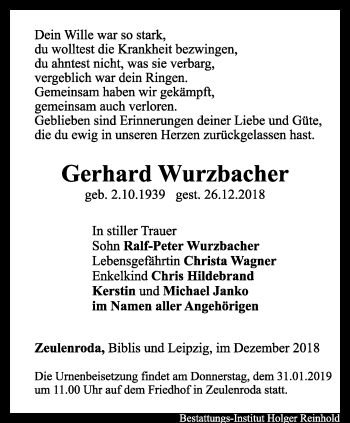 Traueranzeige von Gerhard Wurzbacher von Ostthüringer Zeitung