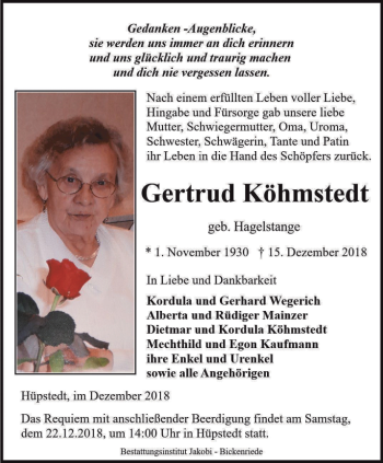 Traueranzeige von Gertrud Köhmstedt von Thüringer Allgemeine, Thüringische Landeszeitung