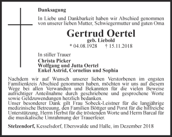 Traueranzeige von Gertrud Oertel von Ostthüringer Zeitung