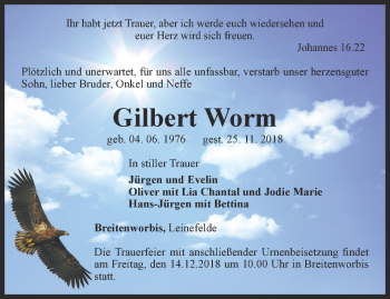 Traueranzeige von Gilbert Worm von Thüringer Allgemeine