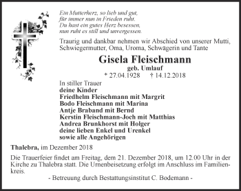 Traueranzeige von Gisela Fleischmann von Thüringer Allgemeine