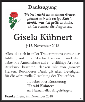 Traueranzeige von Gisela Kühnert von Thüringer Allgemeine