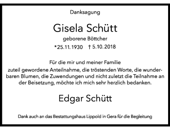 Traueranzeige von Gisela Schütt von Ostthüringer Zeitung