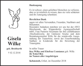 Traueranzeige von Gisela Wilke von Thüringer Allgemeine