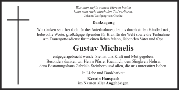 Traueranzeige von Gustav Michaelis von Thüringer Allgemeine, Thüringische Landeszeitung