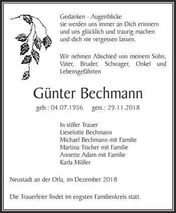 Traueranzeige von Günter Bechmann von Ostthüringer Zeitung