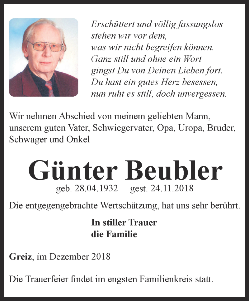  Traueranzeige für Günter Beubler vom 01.12.2018 aus Ostthüringer Zeitung