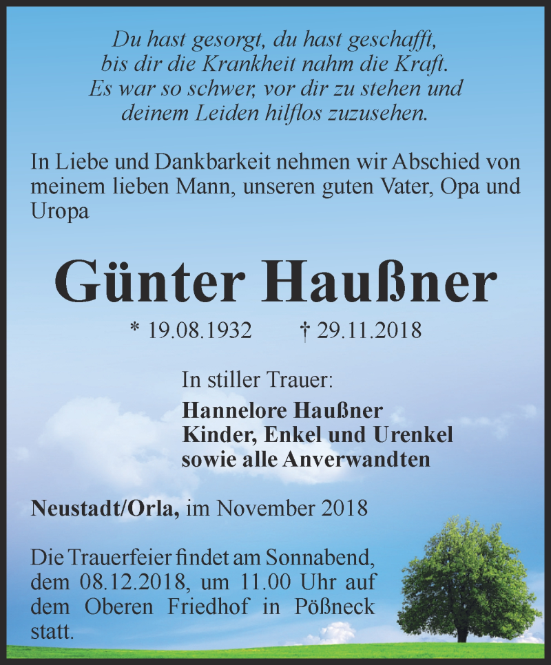  Traueranzeige für Günter Haußner vom 04.12.2018 aus Ostthüringer Zeitung