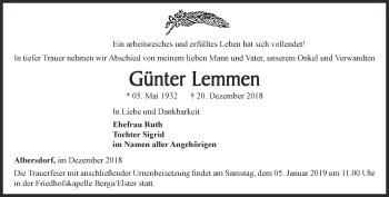 Traueranzeige von Günter Lemuren von Ostthüringer Zeitung