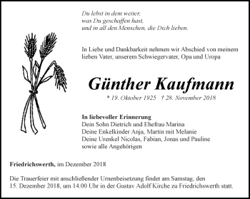 Traueranzeige von Günther Kaufmann von Ostthüringer Zeitung, Thüringische Landeszeitung