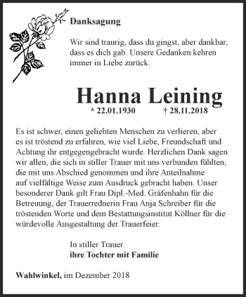 Traueranzeige von Hanna Leining von Ostthüringer Zeitung, Thüringische Landeszeitung