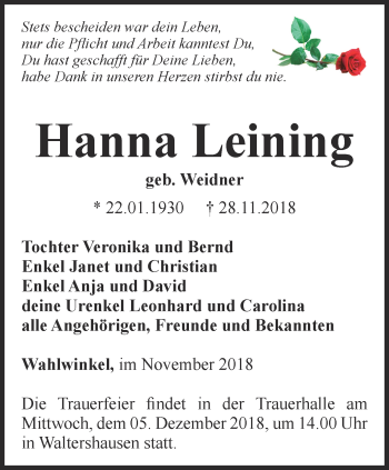 Traueranzeige von Hanna Leining von Ostthüringer Zeitung, Thüringische Landeszeitung