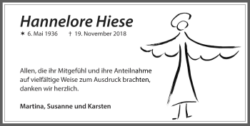 Traueranzeige von Hannelore Hiese von Thüringer Allgemeine, Thüringische Landeszeitung