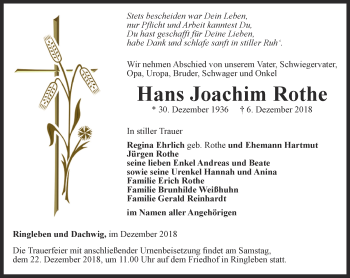 Traueranzeige von Hans Joachim Rothe von Thüringer Allgemeine, Thüringische Landeszeitung