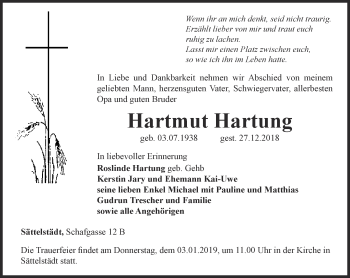 Traueranzeige von Hartmut Hartung von Thüringer Allgemeine, Thüringische Landeszeitung