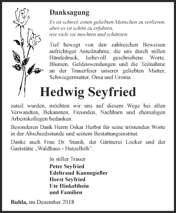 Traueranzeige von Hedwig Seyfried von Thüringer Allgemeine, Thüringische Landeszeitung