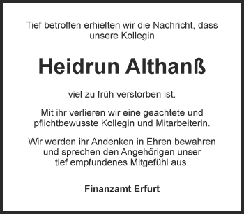 Traueranzeige von Heidrun Althanß von Thüringer Allgemeine, Thüringische Landeszeitung