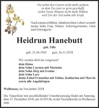 Traueranzeige von Heidrun Hanebutt von Thüringer Allgemeine