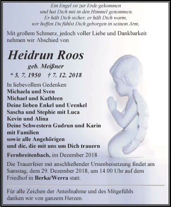 Traueranzeige von Heidrun Roos von Thüringer Allgemeine, Thüringische Landeszeitung