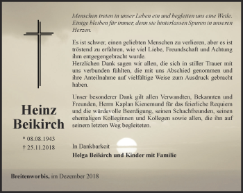 Traueranzeige von Heinz Beikirch von Thüringer Allgemeine