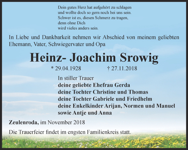  Traueranzeige für Heinz-Joachim Srowig vom 01.12.2018 aus Ostthüringer Zeitung