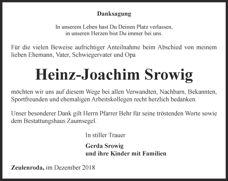 Traueranzeige für Heinz-Joachim Srowig vom 15.12.2018 aus Ostthüringer Zeitung