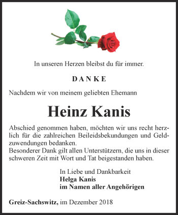 Traueranzeige von Heinz Kanis von Ostthüringer Zeitung