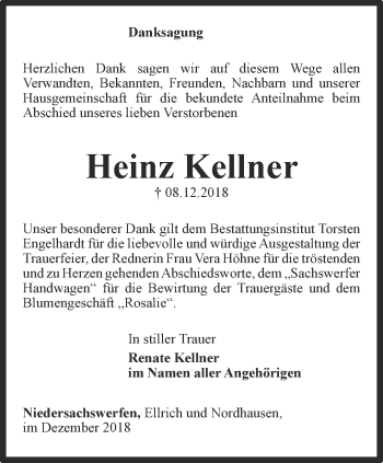 Traueranzeige von Heinz Kellner von Thüringer Allgemeine