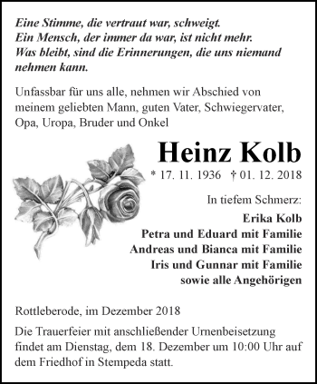 Traueranzeige von Heinz Kolb von Thüringer Allgemeine