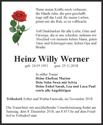 Traueranzeige von Heinz Willy Werner von Thüringer Allgemeine, Thüringische Landeszeitung