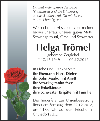 Traueranzeige von Helga Trömel von Ostthüringer Zeitung