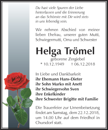 Traueranzeige von Helga Trömel von Ostthüringer Zeitung