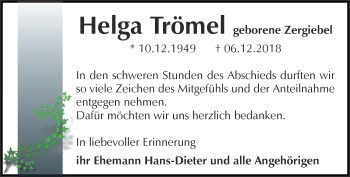 Traueranzeige von Helga Trömel von Ostthüringer Zeitung