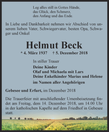 Traueranzeige von Helmut Beck von Thüringer Allgemeine, Thüringische Landeszeitung