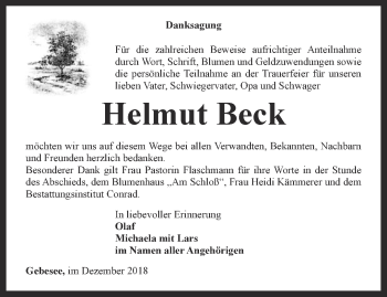 Traueranzeige von Helmut Beck von Thüringer Allgemeine, Thüringische Landeszeitung