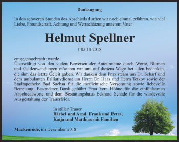 Traueranzeige von Helmut Spellner von Thüringer Allgemeine