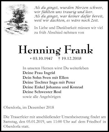 Traueranzeige von Henning Frank von Thüringer Allgemeine, Thüringische Landeszeitung