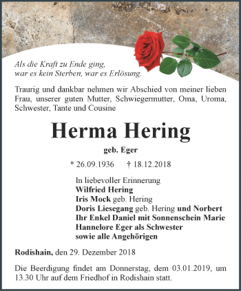 Traueranzeige von Herma Hering  von Thüringer Allgemeine