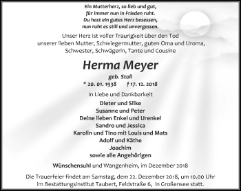 Traueranzeige von Herma Meyer von Thüringer Allgemeine, Thüringische Landeszeitung