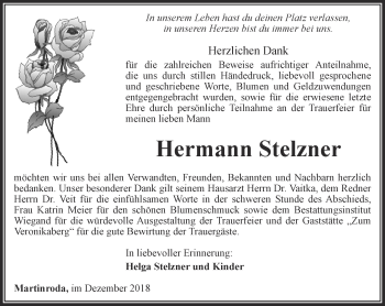 Traueranzeige von Hermann Stelzner von Thüringer Allgemeine