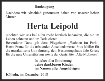 Traueranzeige von Herta Leipold von Thüringer Allgemeine