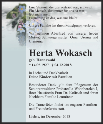 Traueranzeige von Herta Wokasch von Ostthüringer Zeitung