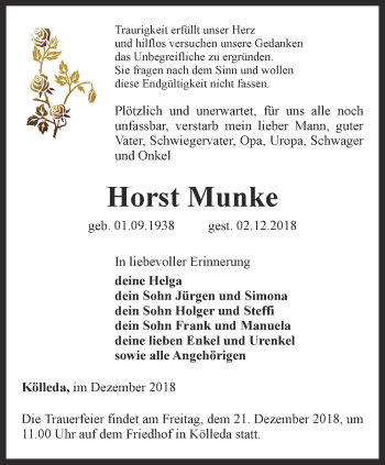 Traueranzeige von Horst Munke von Thüringer Allgemeine