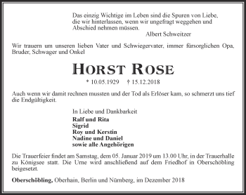 Traueranzeige von Horst Rose von Ostthüringer Zeitung