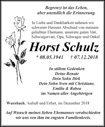 Traueranzeige von Horst Schulz von Ostthüringer Zeitung