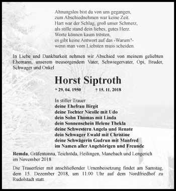 Traueranzeige von Horst Siptroth von Ostthüringer Zeitung