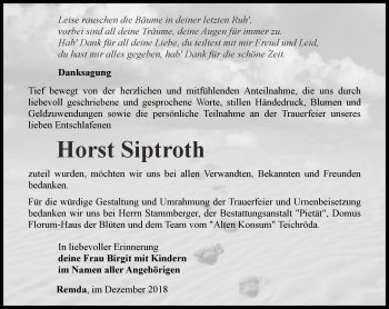 Traueranzeige von Horst Siptroth von Ostthüringer Zeitung