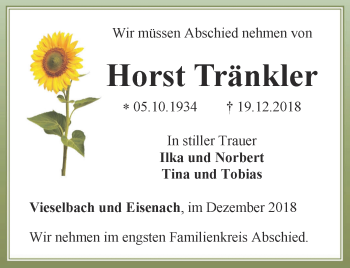 Traueranzeige von Horst Tränkler von Thüringer Allgemeine, Thüringische Landeszeitung